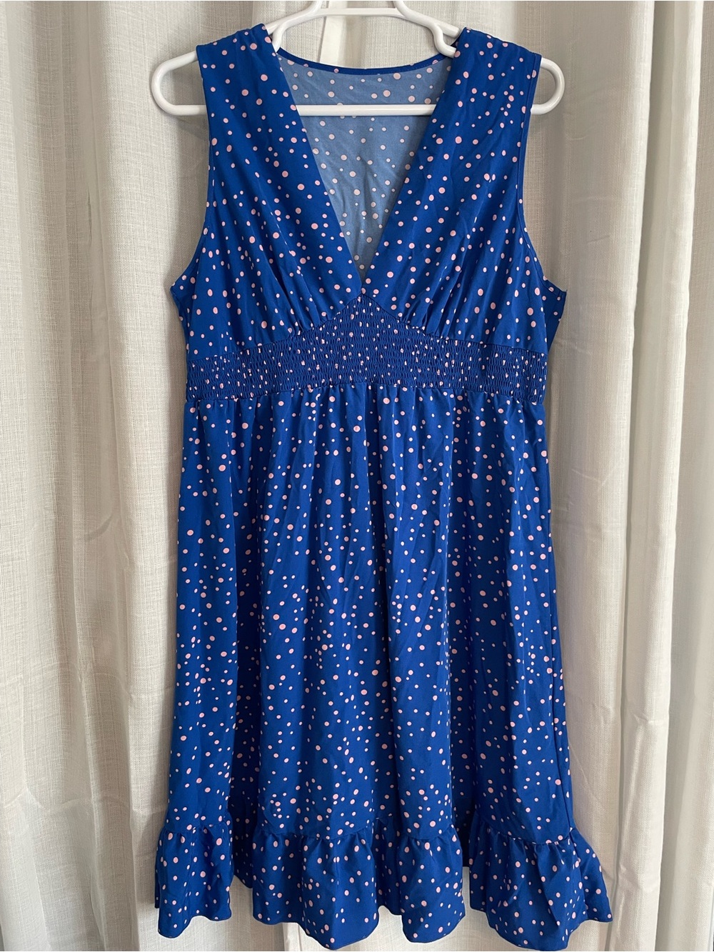 SHEIN wedding Blue Sleeveless V-Neck Polka Dot Dress with Pink Dots